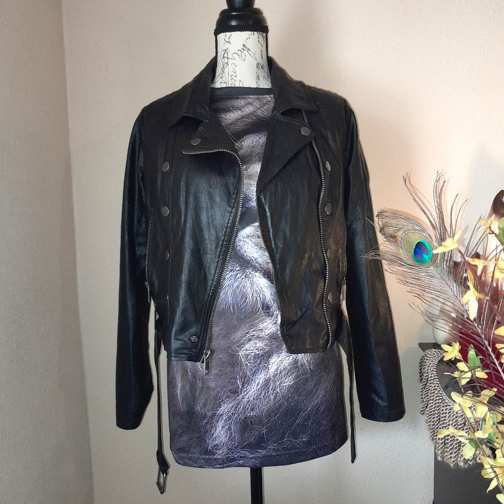 Maralyn & Me Pleather Faux Vegan Leather Belted Biker Moto Jacket Black Juniors